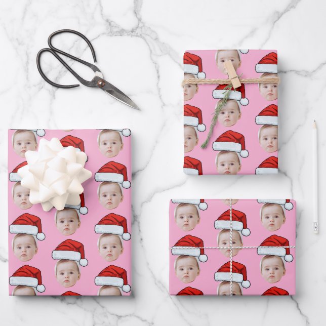 Hoja De Papel De Regalo Custom Face Head Photo Santa Hat Christmas Pink (Anverso)