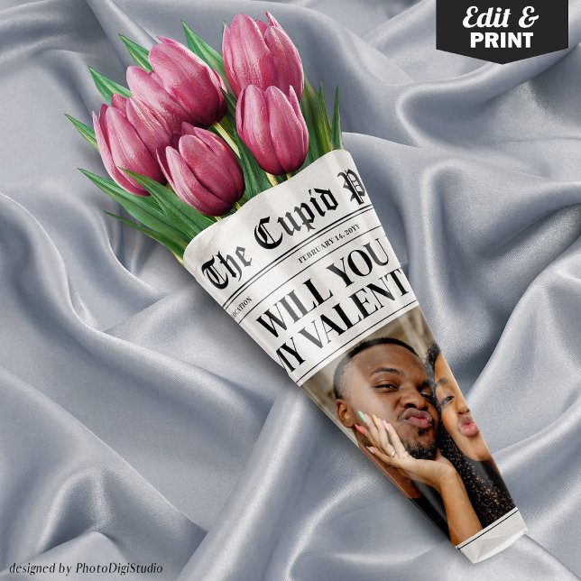 Hoja De Papel De Regalo Custom Valentine Newspaper Flower Bouquet Gift  (Valentines Day Newspaper Template, Flower Bouquet Wrap, Will You Be My Valentine Gift )