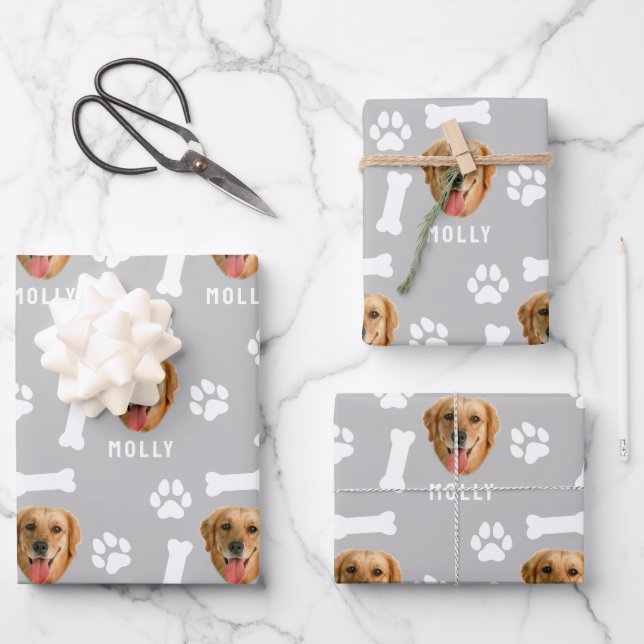 Hoja De Papel De Regalo Customized Dog Pet Photo & Name Gray (Anverso)