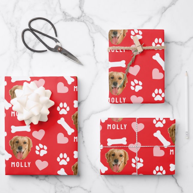 Hoja De Papel De Regalo Customized Dog Pet Photo & Name Pink Red Hearts (Anverso)
