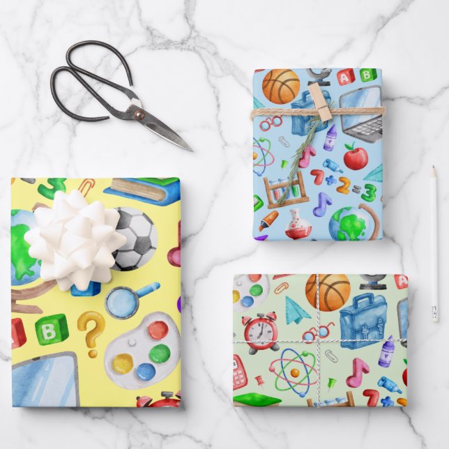 Hoja De Papel De Regalo Cuta acuarela de vuelta a los suministros escolare (Anverso)