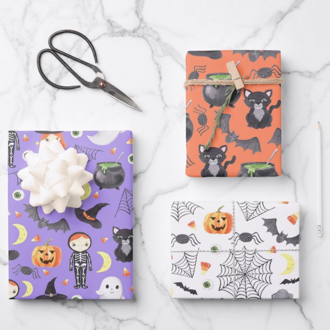 Hoja De Papel De Regalo Cuta acuarela Halloween Disstume niños (Anverso)
