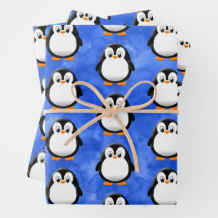 Hoja De Papel De Regalo Cuta pingüino Personalizado azul acuarela