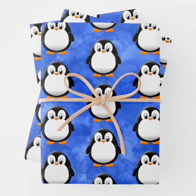 Hoja De Papel De Regalo Cuta pingüino Personalizado azul acuarela (In situ)