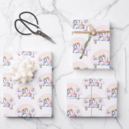 Hoja De Papel De Regalo Cute acuarela Arcoiris Unicornio Chica primer cump
