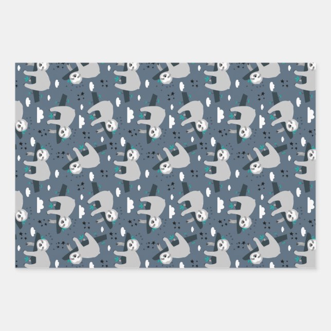 Hoja De Papel De Regalo cute adorable gray sloth pattern blue background (Anverso)