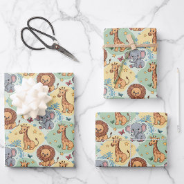 Hoja De Papel De Regalo Cute animal pattern featuring lions, giraffes