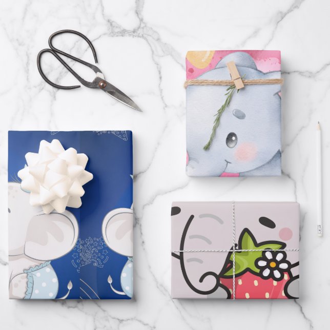 Hoja De Papel De Regalo Cute Baby Elephant First Birthday (Anverso)