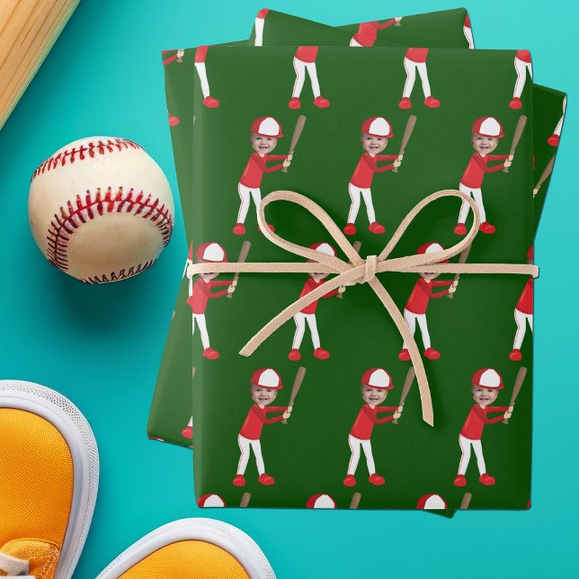 Hoja De Papel De Regalo Cute Baseball Player Kids Photo Green Custom (Subido por el creador)