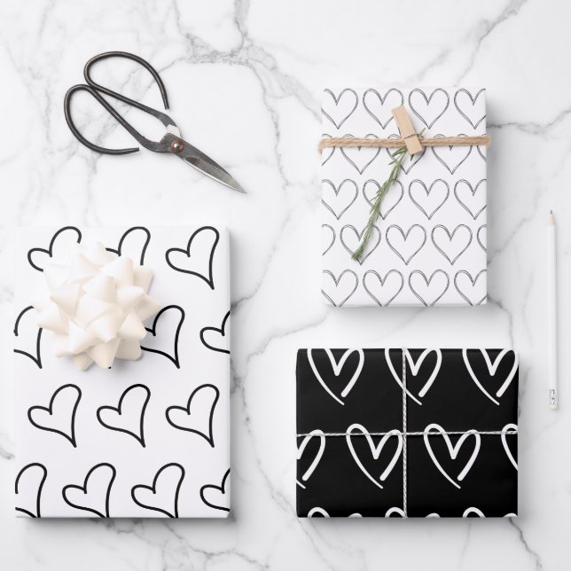 Hoja De Papel De Regalo Cute Black White Hearts Pattern Valentine (Anverso)