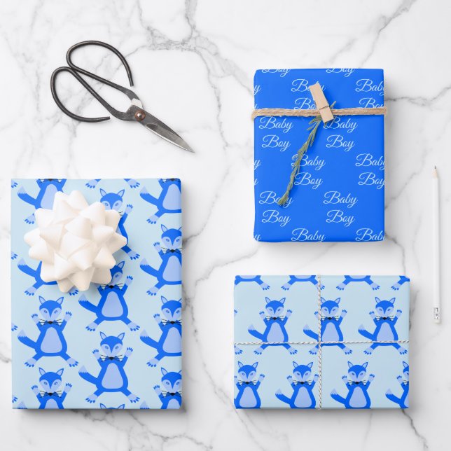 Hoja De Papel De Regalo Cute Blue Baby Boy Fox Baby Shower (Anverso)