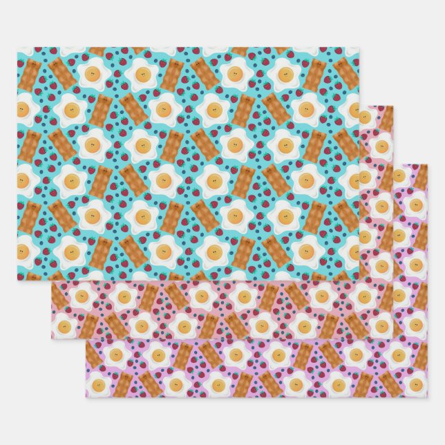 Hoja De Papel De Regalo Cute Blue Eggs Bacon Strawberries Blueberries  (Set)