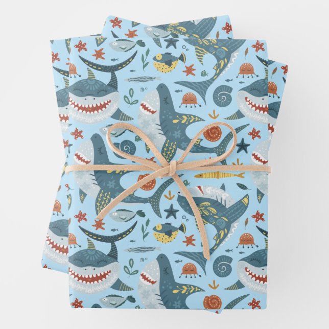 Hoja De Papel De Regalo Cute Blue Ocean Baby Tiburones niños regalo de cum (In situ)