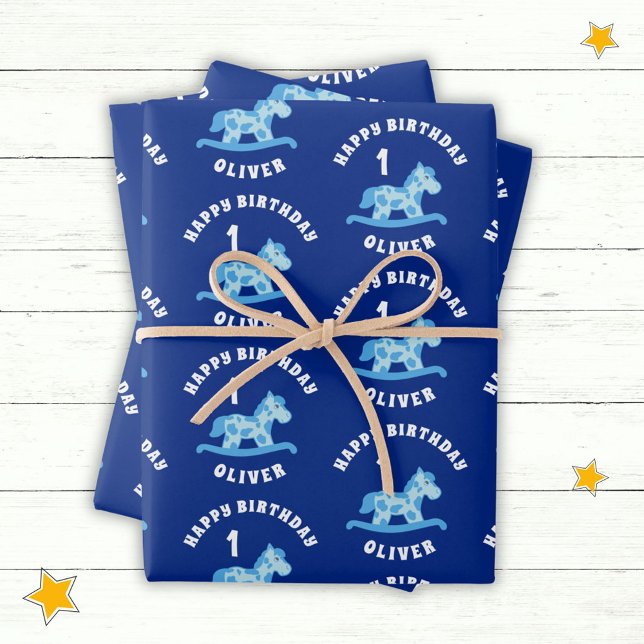 Hoja De Papel De Regalo Cute Blue Rocking Horse Boy 1º cumpleaños (Subido por el creador)