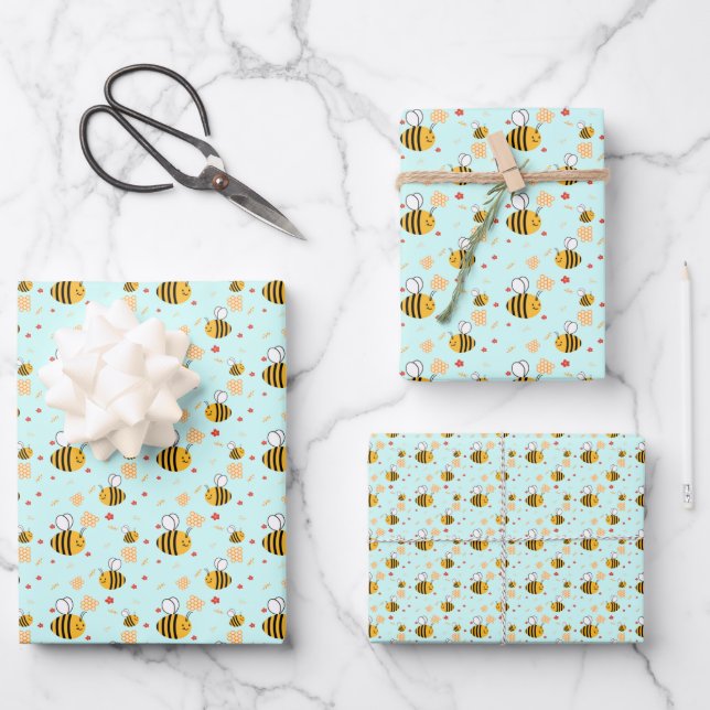 Hoja De Papel De Regalo Cute Bumblebee y Flores (Anverso)