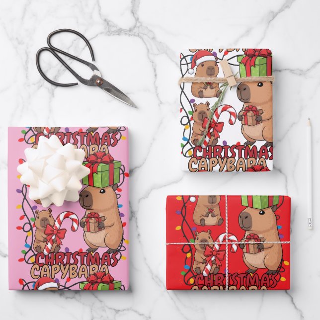 Hoja De Papel De Regalo Cute Capybara Christmas Lights Festive Party Pink (Anverso)