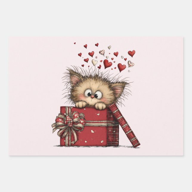 Hoja De Papel De Regalo Cute Cartoon Kitten in a Box with Hearts (Anverso)