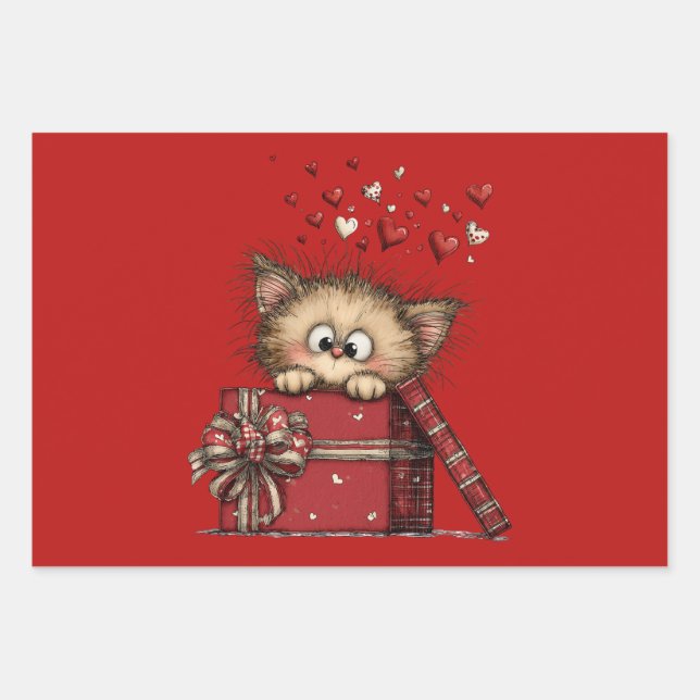 Hoja De Papel De Regalo Cute Cartoon Kitten in a Box with Hearts (Anverso)