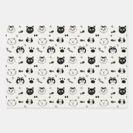 Hoja De Papel De Regalo Cute Cat Doodle Pattern – Black and White Cat Face