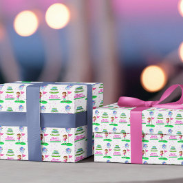 Hoja De Papel De Regalo Cute Chibi Chica Cumpleaños Golfing Temático Cumpl