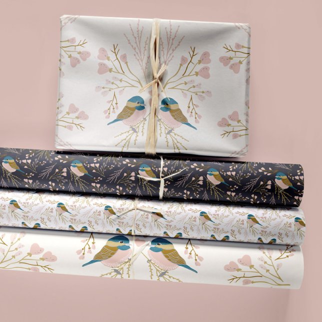 Hoja De Papel De Regalo Cute Chickadee Birds Hearts Decoupage Gift (Chickadee Birds Pink Gold Hearts And Flowers Wrapping Paper Sheets from Studio Posies.)