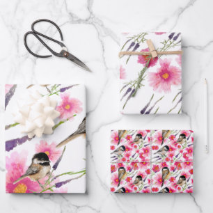 Hoja De Papel De Regalo Cute Chickadee Watercolor Floral