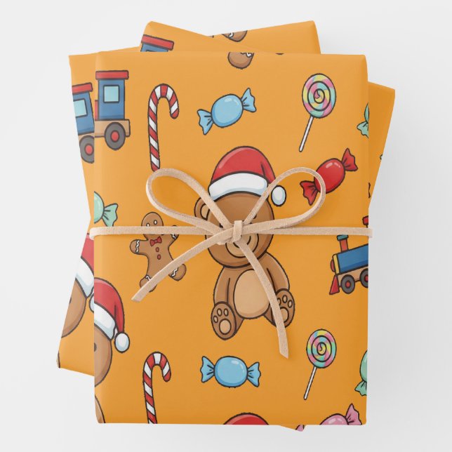 Hoja De Papel De Regalo Cute Christmas Teddy Bear and Toy Train (In situ)