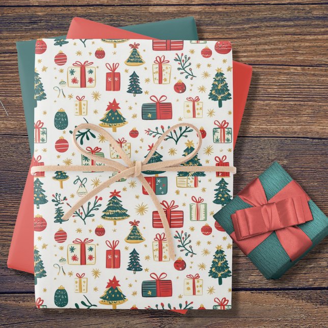 Hoja De Papel De Regalo Cute Christmas Trees Presents Retro Pattern (Subido por el creador)