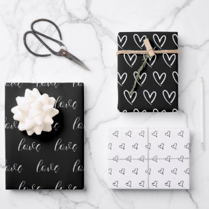 Hoja De Papel De Regalo Cute Corazones Blancos Negros Patrón San Valentín 