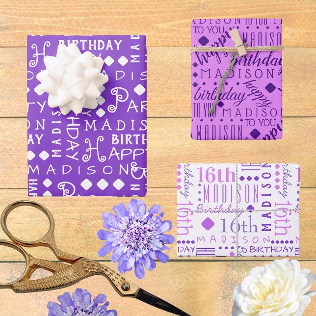 Hoja De Papel De Regalo Cute Cumpleaños Púrpura Cualquier Edad Añadir Nomb (So easy to customize, these typography Birthday wrapping paper sheets will bring WOW to the party.)