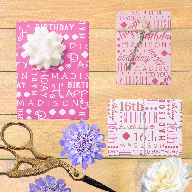 Hoja De Papel De Regalo Cute Cumpleaños Rosa Cualquier Edad Añadir Nombre  (So easy to customize, these typography Birthday wrapping paper sheets will bring WOW to the party.)