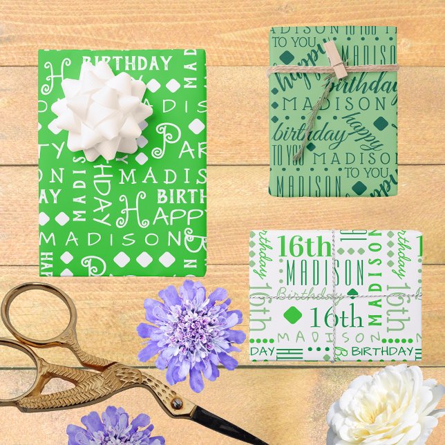 Hoja De Papel De Regalo Cute Cumpleaños Verde Cualquier Edad Añadir Nombre (So easy to customize, these typography Birthday wrapping paper sheets will bring WOW to the party.)