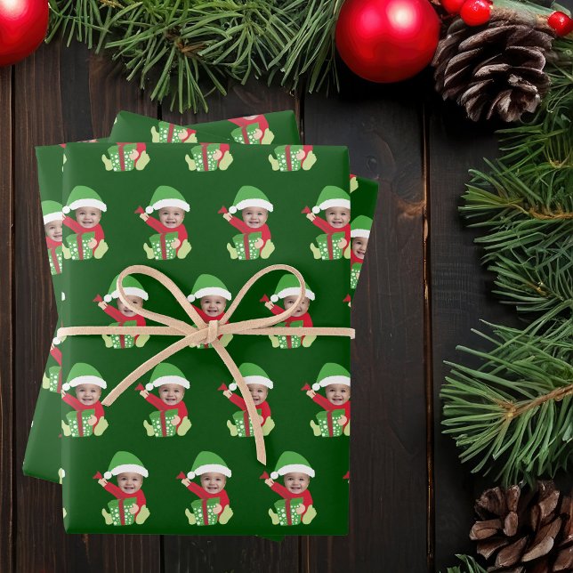 Hoja De Papel De Regalo Cute Custom Baby Face Photo Elf Christmas (Subido por el creador)