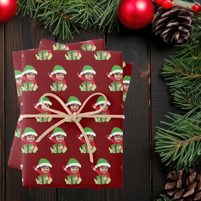Hoja De Papel De Regalo Cute Customized Children's Photo Elf Christmas Red (Subido por el creador)