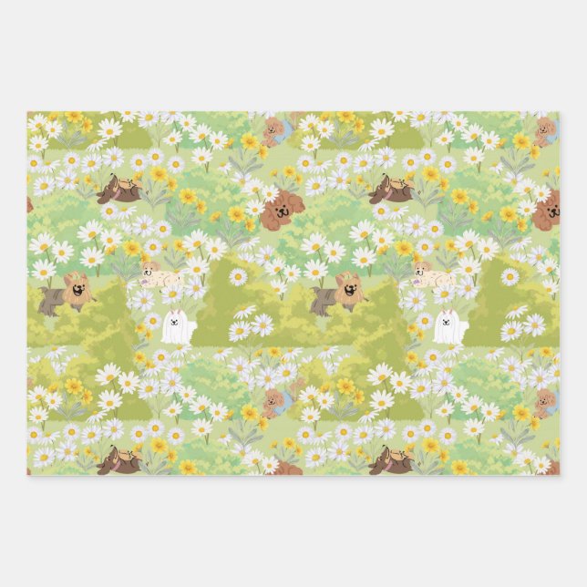 Hoja De Papel De Regalo Cute Dogs With Daisy Flowers Seamless Pattern (Anverso)