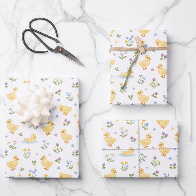 Hoja De Papel De Regalo Cute Ducklings and Wildflowers Pattern (Anverso)