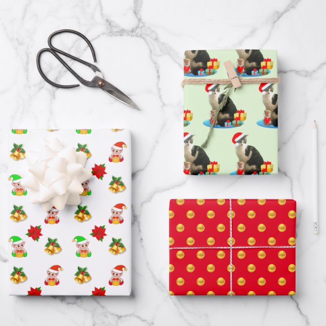 Hoja De Papel De Regalo Cute Elf, Bells, Carol Cat y Golden Polka Dots (Anverso)
