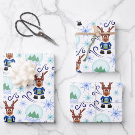 Hoja De Papel De Regalo Cute Festive Blue Christmas Reindeer