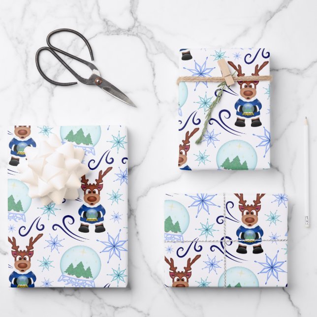 Hoja De Papel De Regalo Cute Festive Blue Christmas Reindeer (Anverso)