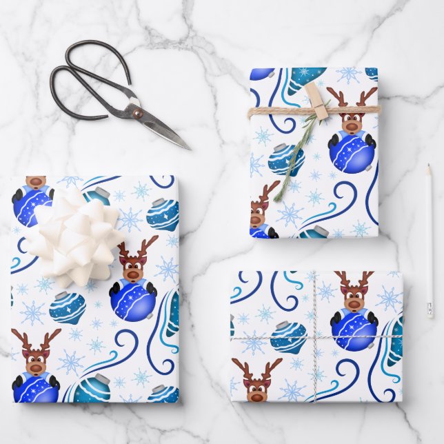Hoja De Papel De Regalo Cute Festive Blue Christmas Reindeer (Anverso)