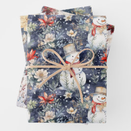 Hoja De Papel De Regalo Cute Floral Scene Winter Snowmen Blue Watercolor