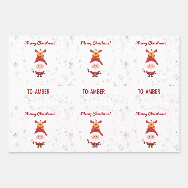 Hoja De Papel De Regalo Cute Funny Moderno Rudolph Santa Nombre Personaliz (Anverso)