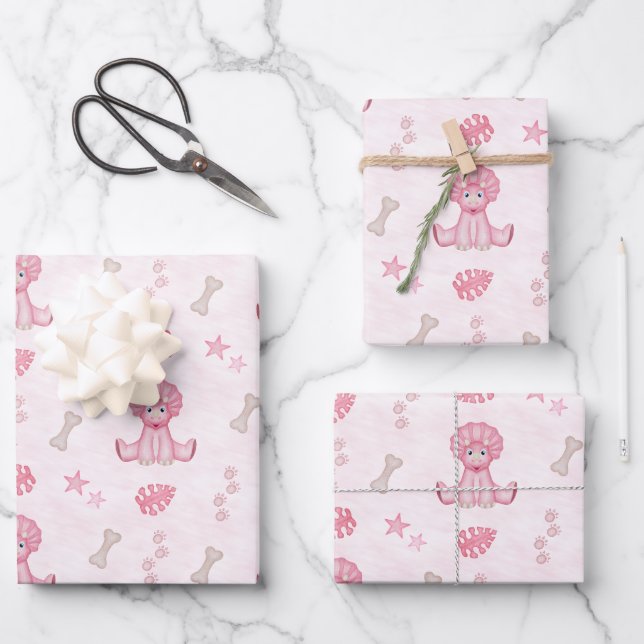 Hoja De Papel De Regalo Cute Girl Birthday Pink Dinosaur (Anverso)