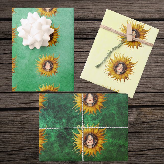 Hoja De Papel De Regalo Cute Girls Face Middle of Yellow Sunflower Greens (Cute smiling girls face inside yellow sunflowers on shads of green and yellow gift wrap sheets.)