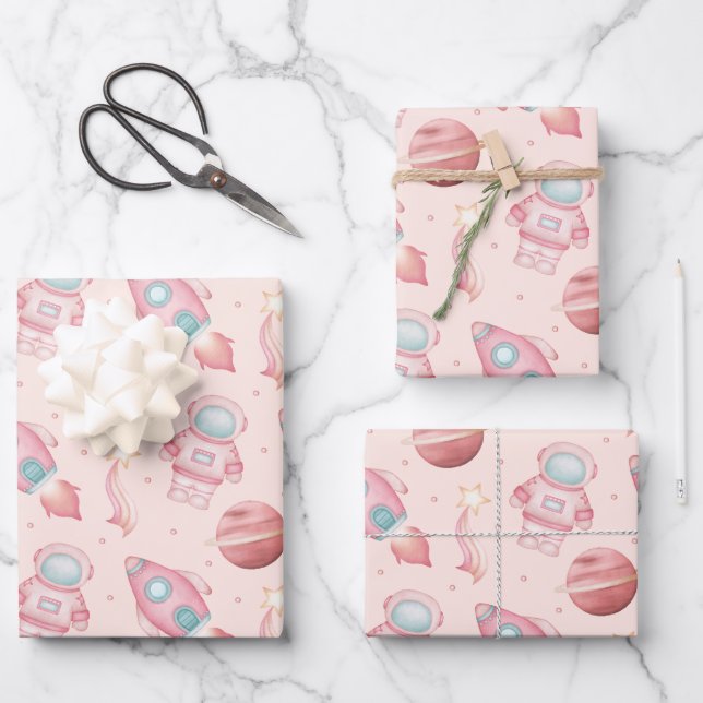 Hoja De Papel De Regalo Cute Girls Space Birthday Pink Astronaut (Anverso)