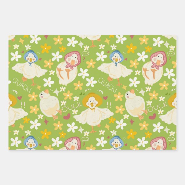 Hoja De Papel De Regalo Cute Green Duck & Daisy Flower Seamless Pattern (Anverso)