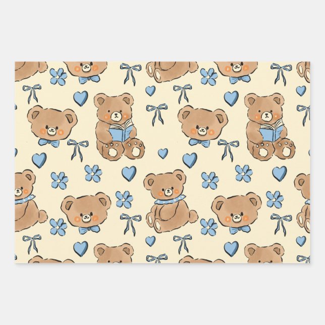 Hoja De Papel De Regalo Cute Hand-drawn Brown Teddy Bears Seamless Pattern (Anverso)