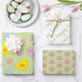 Hoja De Papel De Regalo Cute Happy Easter Eggs Chicks Flores Primavera Ver