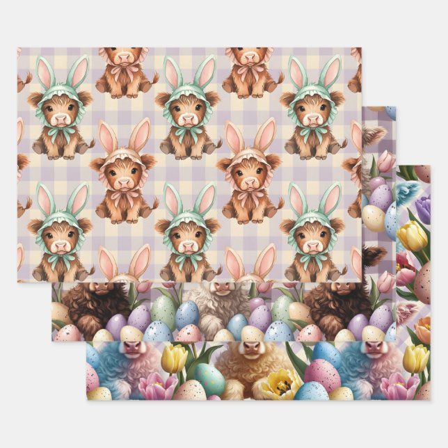 Hoja De Papel De Regalo Cute Highland Cow Easter Bunny Spring (Set)