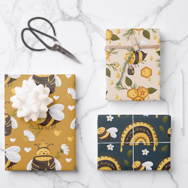 Hoja De Papel De Regalo Cute Honeybees Honeycomb (Anverso)